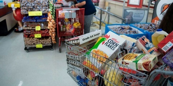 Groceries in the shopping cart.